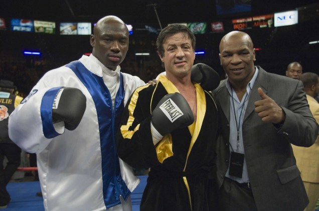 Antonio Tarver, Sylvester Stallone e Mike Tyson, no making off do filme "Rocky Balboa", de Sylverter Stallone, de 2006.