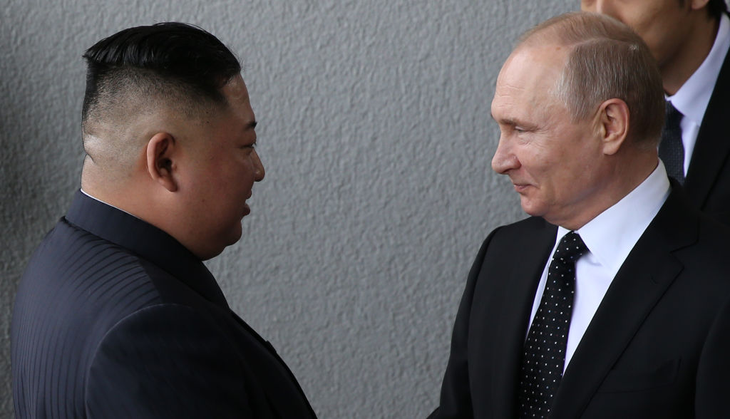 VLADIVOSTOK, RUSSIA - APRIL 25: (RUSSIA OUT) Russian President Vladimir Putin meets North Korean Leader Kim Jong-un on April 25, 2019 in Vladivostok, Russia. Russian President Putin and North Korean leader Kim Jong-un met on the Pacific port city of Vladivostok on Thursday during their first ever summit. Reports have indicated that Pyongyang's nuclear programme will be at the top of the list of issues to discuss as the meeting between both leaders came soon after a failed summit between Kim and U.S. President Donald Trump in Hanoi, which ended without an agreement made. (Photo by Mikhail Svetlov/Getty Images)
