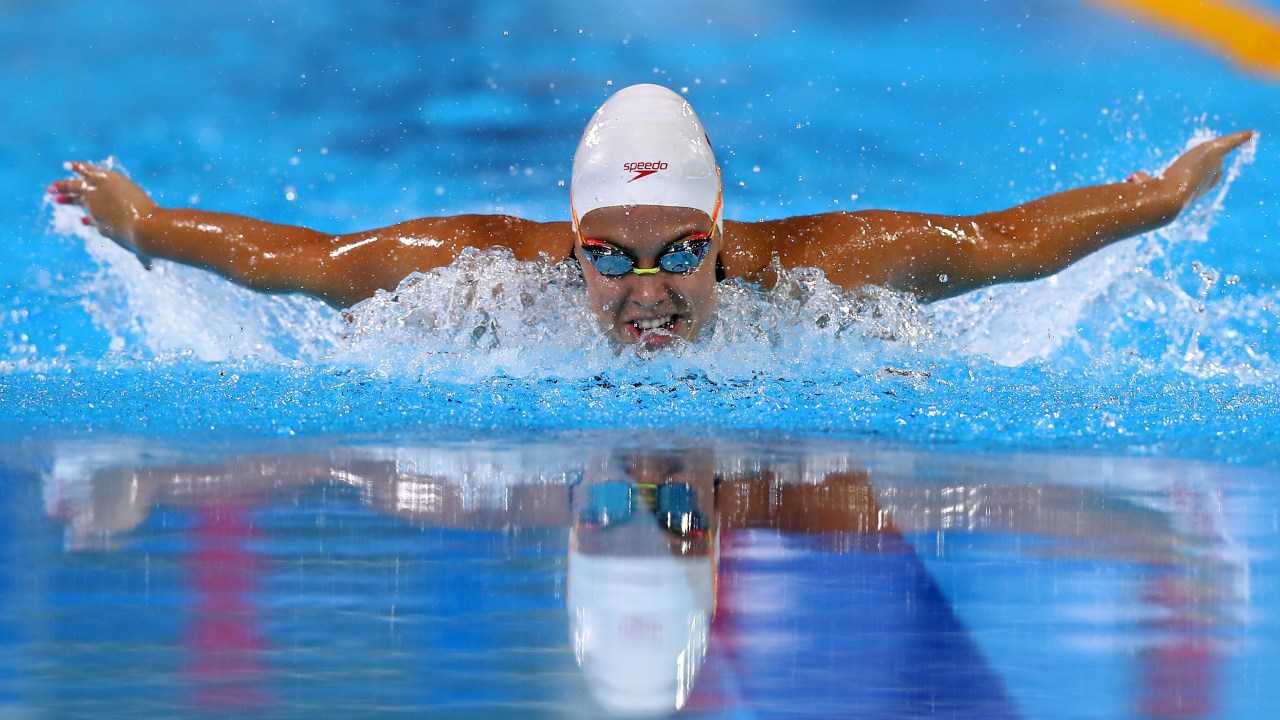 LIMA, PERU - AUGUST 09: Mary-Sophie Harvey of Canada swims in Women's 400m Individual Medley Final A on Day 14 of Lima 2019 Pan American Games at Aquatics Center of Villa Deportiva Nacional on August 09, 2019 in Lima, Peru. (Photo by Buda Mendes/Getty Images)