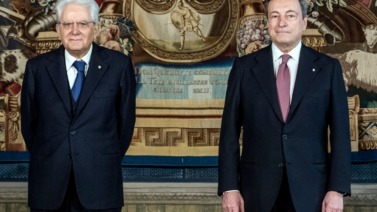 ROME, ITALY - FEBRUARY 13: Italian President Sergio Mattarella(C) and Italian Prime Minister Mario Draghi pose for a picture after the swearing-in ceremony at the Quirinal palace, on February 13, 2021 in Rome, Italy. Former President of the European Central Bank Mario Draghi was sworn in as Italy’s Prime Minister today, after the collapse of the Italian government last month. (Photo by Roberto Monaldo/AM POOL/Getty Images)