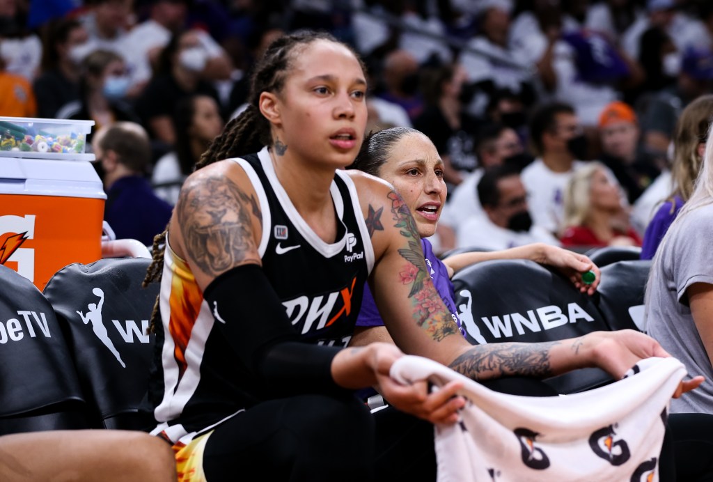 PHOENIX, ARIZONA - OCTOBER 10: Brittney Griner #42 and Diana Taurasi #3 of the Phoenix Mercury reacts to a foul call in the second half during the game against the Chicago Sky at Footprint Center on October 10, 2021 in Phoenix, Arizona. NOTE TO USER: User expressly acknowledges and agrees that, by downloading and or using this photograph, User is consenting to the terms and conditions of the Getty Images License Agreement. (Photo by Mike Mattina/Getty Images)