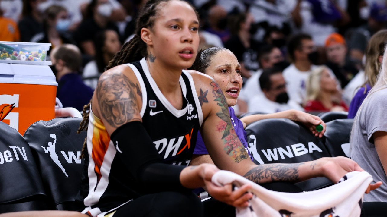 PHOENIX, ARIZONA - OCTOBER 10: Brittney Griner #42 and Diana Taurasi #3 of the Phoenix Mercury reacts to a foul call in the second half during the game against the Chicago Sky at Footprint Center on October 10, 2021 in Phoenix, Arizona. NOTE TO USER: User expressly acknowledges and agrees that, by downloading and or using this photograph, User is consenting to the terms and conditions of the Getty Images License Agreement. (Photo by Mike Mattina/Getty Images)