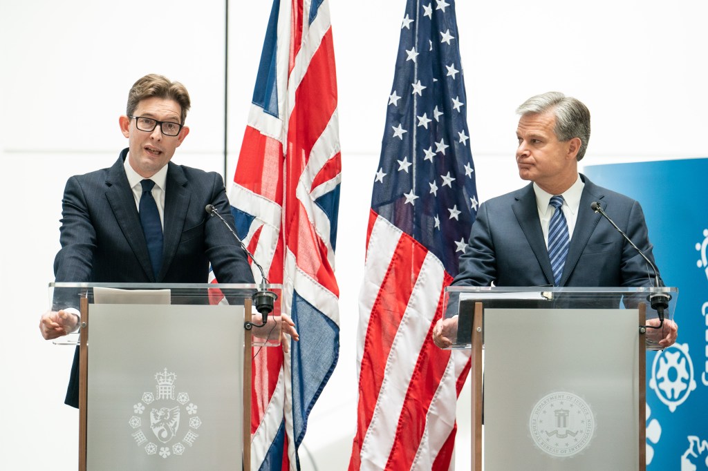 MI5 Director General Ken McCallum (left) and FBI Director Christopher Wray at a joint press conference at MI5 headquarters, in central London. Picture date: Wednesday July 6, 2022. (Photo by Dominic Lipinski/PA Images via Getty Images)