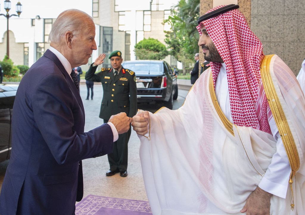 JEDDAH, SAUDI ARABIA - JULY 15: (----EDITORIAL USE ONLY â MANDATORY CREDIT - "ROYAL COURT OF SAUDI ARABIA / HANDOUT" - NO MARKETING NO ADVERTISING CAMPAIGNS - DISTRIBUTED AS A SERVICE TO CLIENTS----) US President Joe Biden (L) being welcomed by Saudi Arabian Crown Prince Mohammed bin Salman (R) at Alsalam Royal Palace in Jeddah, Saudi Arabia on July 15, 2022. (Photo by Royal Court of Saudi Arabia / Handout/Anadolu Agency via Getty Images)