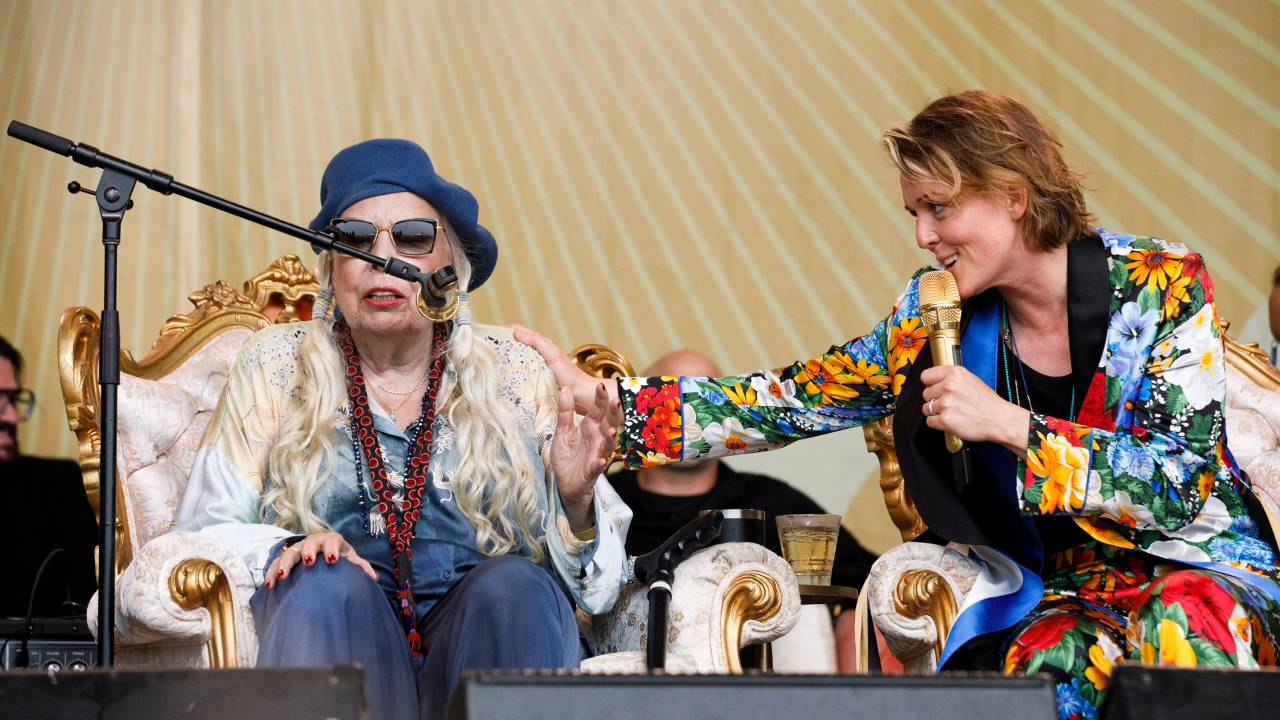 Newport, RI - July 24: Joni Mitchel sings in a special Joni Jam performance at the 2022 Newport Folk Festival at Fort Adams State Park on July 24, 2022. (Photo by Carlin Stiehl for The Boston Globe via Getty Images)