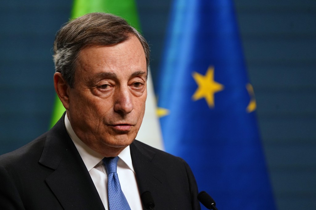 BRUSSELS, BELGIUM - JUNE 24: Italian Prime Minister Mario Draghi speaks during a press conference at the end of the EU Council Meeting of EU on June 24, 2022 in Brussels, Belgium. EU and Western Balkans leaders are meeting for the first time since the start of Russia’s invasion on Ukraine, and will discuss issues pertaining to enlargement, energy, security and defence, and youth. (Photo by Pier Marco Tacca/Getty Images)