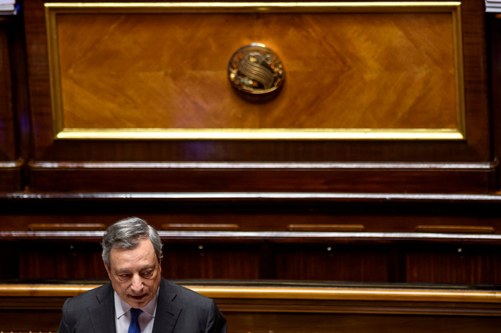 ROME, ITALY - JUNE 21: Italian Prime Minister Mario Draghi delivers his speech to the Italian Senate, on July 20, 2022 in Rome, Italy. Italian Prime Minister Mario Draghi submitted his resignation last week, after the boycott of an important vote in the Senate of the populist 5 Star Movement, a member of his coalition. However, Italian President Sergio Mattarella has so far refused to accept Draghi's resignation. (Photo by Antonio Masiello/Getty Images)