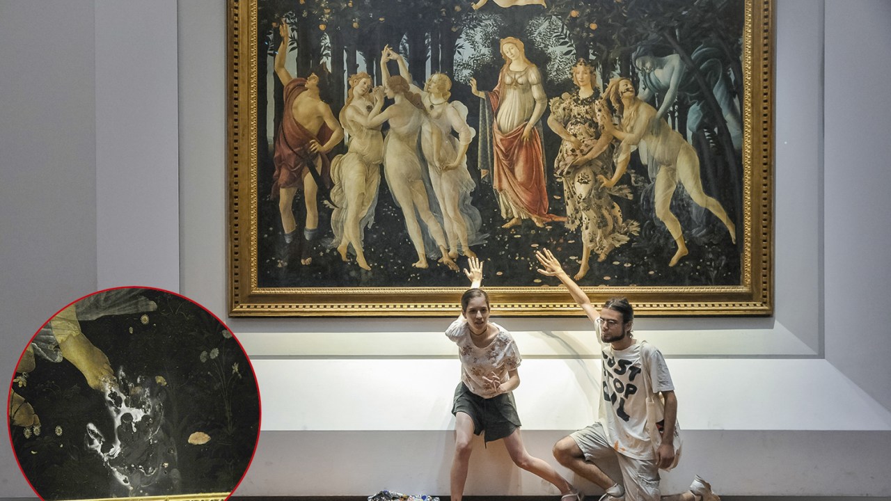 ATAQUE COM CAUSA - Os jovens atados ao quadro de Botticelli (à dir.) e detalhe da cola no vidro que protege a obra: protesto ruidoso, mas limpinho -