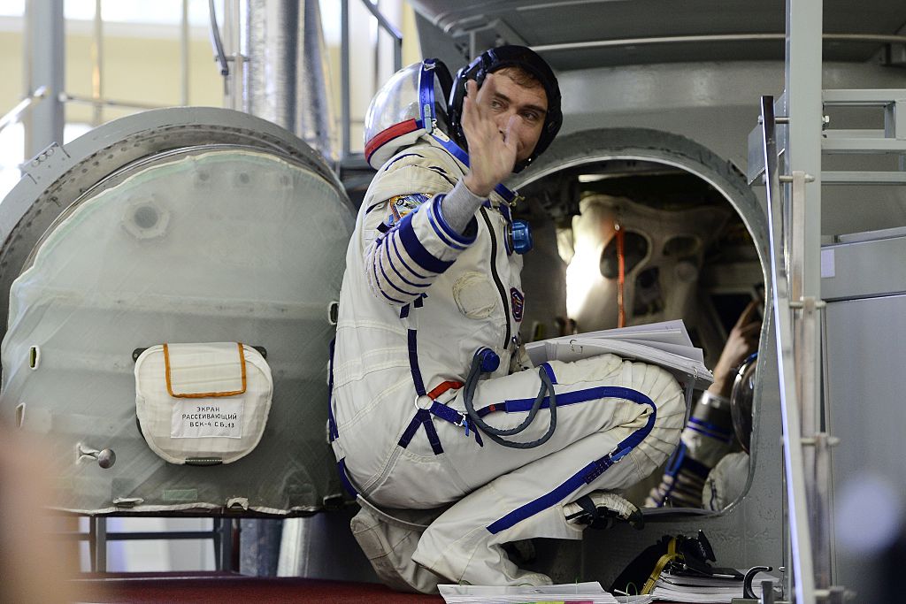 MOSCOW, RUSSIA - AUGUST 07: Russian cosmonaut Sergei Volkov seen during Members of the main preparation crew of the 45/46 expedition to the International Space Station ISS, pose prior to a training session at the Star City Gagarin Cosmonaut Training Center, in Moscow Oblast, Russia, 07 August 2015. The international crew will is scheduled to be brought to the ISS on 02 September 2015. (Photo by Sefa Karacan/Anadolu Agency/Getty Images)