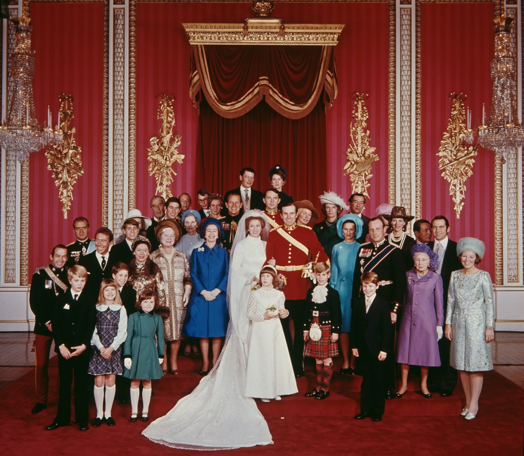 The wedding of Anne, Princess Royal to Mark Phillips, London, UK, 14th November 1973. Also pictured are Queen Elizabeth II, the Queen Mother, Princess Margaret, Prince Philip, Prince Charles, Viscount Linley, Katharine, Duchess of Kent, Queen Beatrix of the Netherlands, King Constantine II of Greece, King Juan Carlos I of Spain, and King Harald V of Norway and Queen Sonja of Norway. (Photo by Keystone/Hulton Archive/Getty Images)