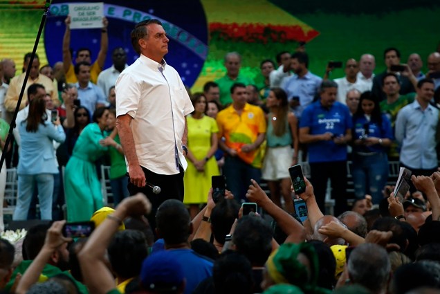 O presidente Jair Bolsonaro, durante o lançamento de sua candidatura para a reeleição `a presidente da Reupública, durante a convenção nacional do Partido Liberal (PL),  realizada no ginásio do Maracanãzinho no Rio de Janeiro, em 24/07/2022.