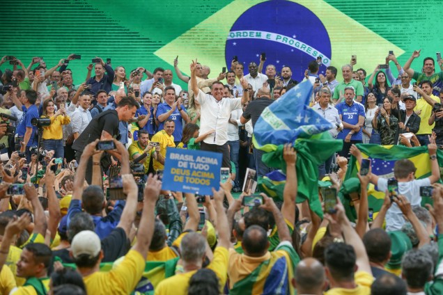 O presidente Jair Bolsonaro, durante o lançamento de sua candidatura `a reeleição para presidente da República, durante a convenção nacional do Partido Liberal (PL),  realizada no ginásio do Maracanãzinho no Rio de Janeiro, em 24/07/2022.