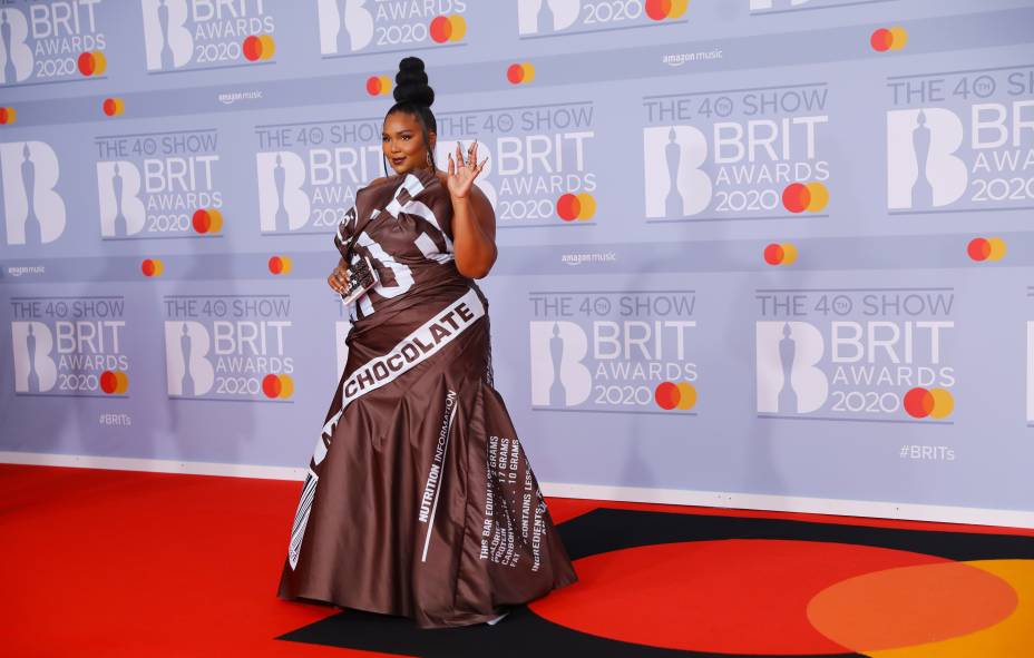 Lizzo, cantora, compositora, happer,  norte americana, no Brit Awards 2020 na O2 Arena em Londres. 18/02/2020.