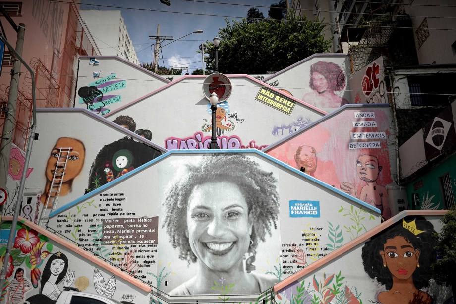 Mural de artes sobre Marielle Franco em escadaria de São Paulo, em 12/02/2019.