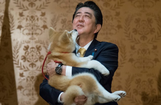 O ex primeiro-ministro japonês Shinzo Abe, segura um cão filhote de Akita, chamado Masaru em seus braços durante sua visita oficial `a Moscou, Rússia, em 26/05/2018.