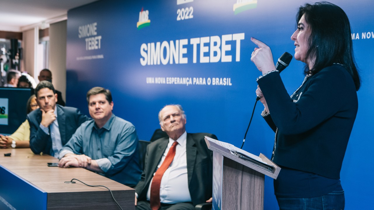 Simone Tebet durante o lançamento oficial de sua candidatura -