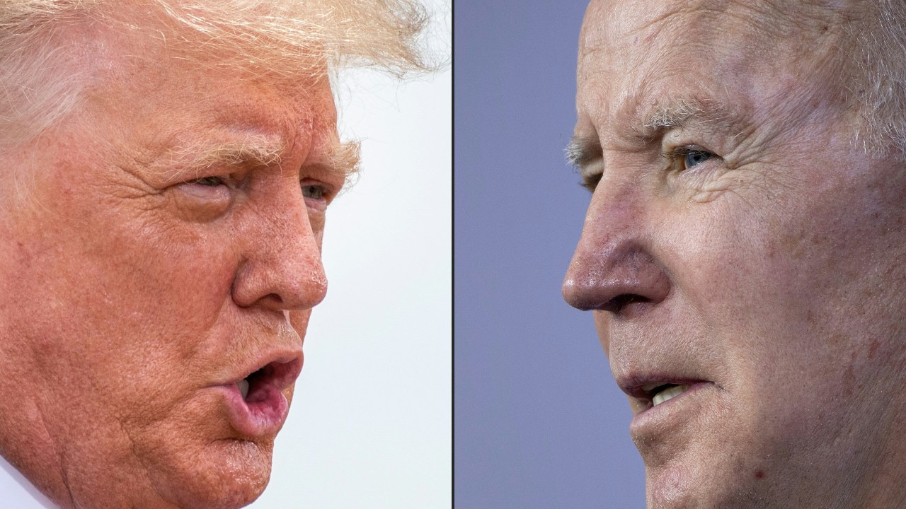(COMBO) This combination of pictures created on February 16, 2022 shows Former US President Donald Trump during a visit to the border wall near Pharr, Texas on June 30, 2021 and US President Joe Biden during a visit to Germanna Community College in Culpeper, Virginia, on February 10, 2022. - President Joe Biden tested positive for Covid-19 on July 21, 2022. More than two years into the pandemic, another US president has tested positive for Covid. But the reportedly calm outlook for Biden contrasts the panic that accompanied his predecessor Donald Trump's announcement. On assuming office, Biden made a point of abiding by strict Covid protocols, holding socially distanced meetings or Zoom gatherings, and wearing a mask to public events -- in sharp contrast to his predecessor Donald Trump. (Photo by Sergio FLORES and Brendan Smialowski / AFP)