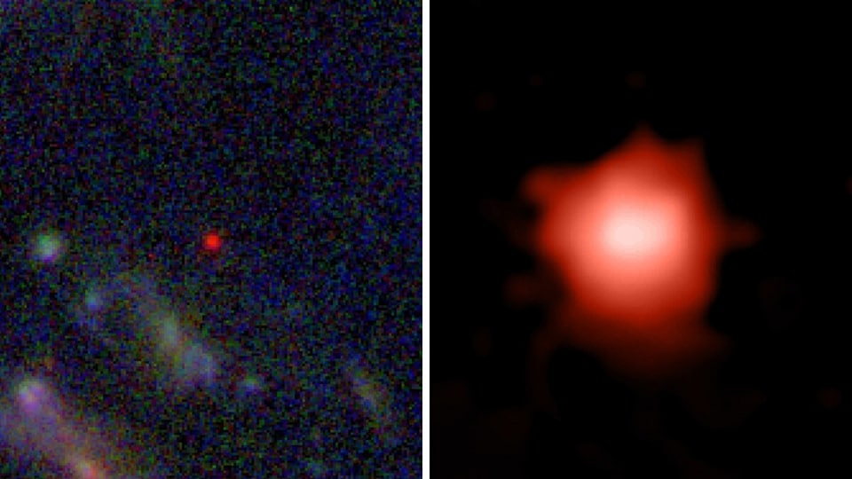 A galáxia Glass-z13 vista pelo James Webb de longe e de perto -