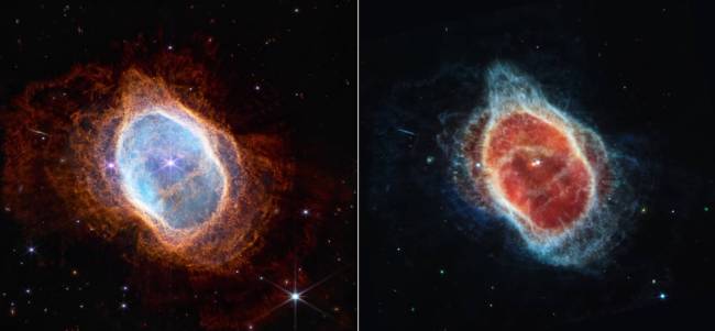 Duas câmeras a bordo do Webb capturaram a imagem mais recente desta nebulosa planetária, catalogada como NGC 3132, e conhecida informalmente como Nebulosa do Anel Sul. Está a aproximadamente 2.500 anos-luz de distância