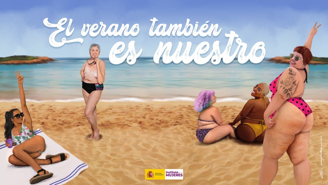 A campanha de verão do Ministério da Igualdade da Espanha diz: “O verão também é nosso. Aproveite como, onde e com quem quiser.”