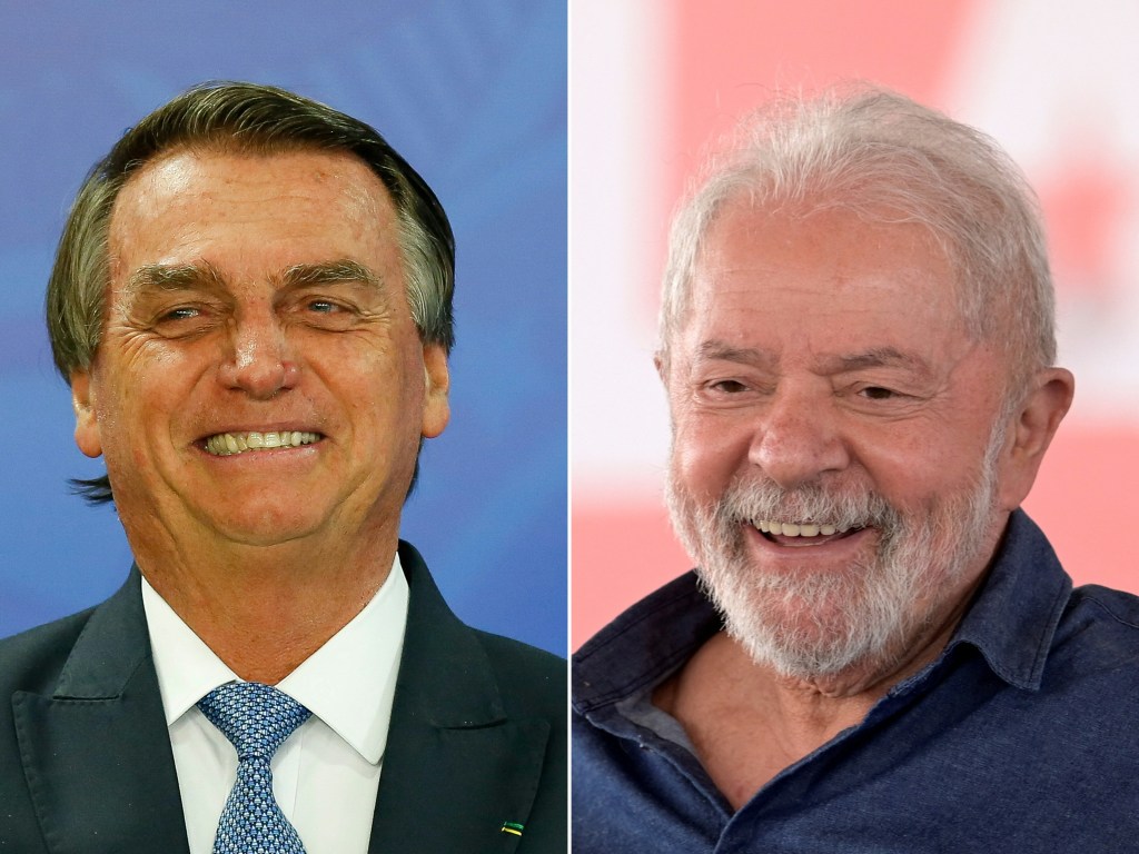 (COMBO) This combination of pictures created on July 29, 2022 shows a file photo taken on July 6, 2022, of Brazilian President Jair Bolsonaro (L) gesturing during a tribute to the Brazilian athletes who won the second place in the general medal table of the Normandy 2022 Gymnasiade in Brasilia; and a file photo taken on May 10, 2022, of Former Brazilian President (2003-2011) and presidential candidate Luiz Inacio Lula da Silva smiling during the event "Lula embraces Contagem", in Contagem, state of Minas Gerais, Brazil. - Presidential candidates Bolsonaro and Lula da Silva will attend the conventions of their respective parties on July 29 and July 30, 2022. (Photo by Sergio Lima and Douglas Magno / AFP)