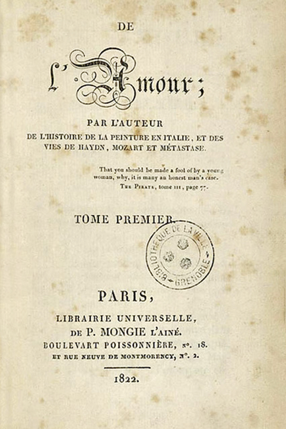 De l’amour - Edições Pierre Mongie, Paris, 1822 -