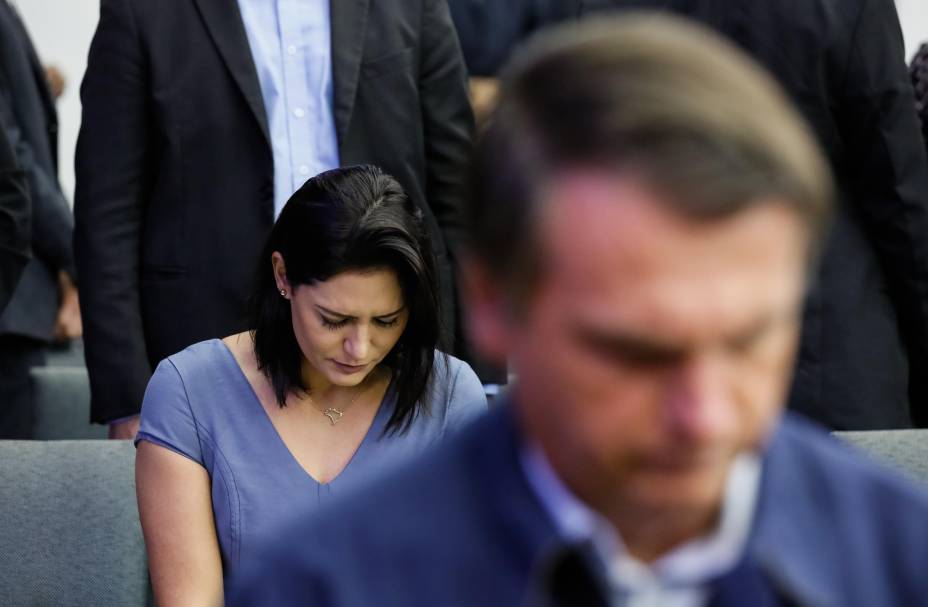 A primeira-dama Michelle Bolsonaro, durante a Celebração Internacional “Conquistando pelos Olhos da Fé”.