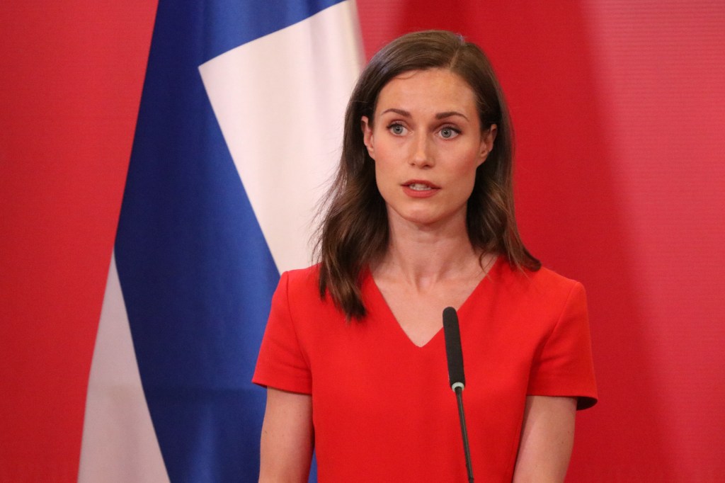 SKOPJE, NORTH MACEDONIA - JUNE 20: Finnish Prime Minister Sanna Marin and North Macedonia Prime Minister Dimitar Kovacevski (not seen) hold a joint press conference following their meeting in Skopje, North Macedonia on June 20, 2022. (Photo by Furkan Abdula/Anadolu Agency via Getty Images)