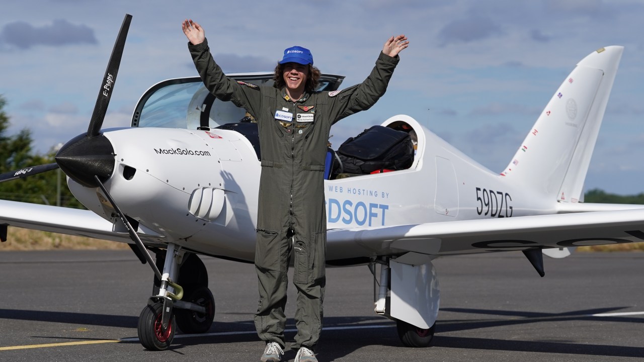 17-year-old pilot Mack Rutherford at Biggin Hill Airport, Westerham, Kent, as he continues in his bid to beat the Guinness World Record for the youngest person to fly around the world solo in a small plane. Picture date: Monday August 22, 2022. (Photo by Gareth Fuller/PA Images via Getty Images)