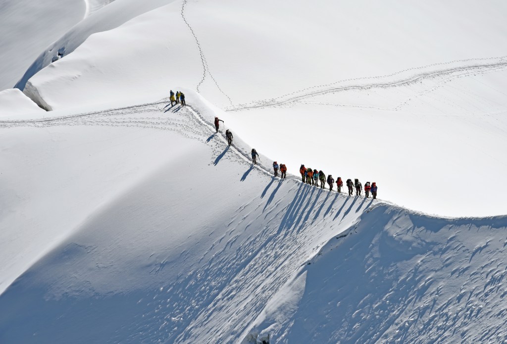 Roped climbers , Mont-Blanc, France, Europe. (Photo by: Franco Cappellari/REDA&CO/Universal Images Group via Getty Images)