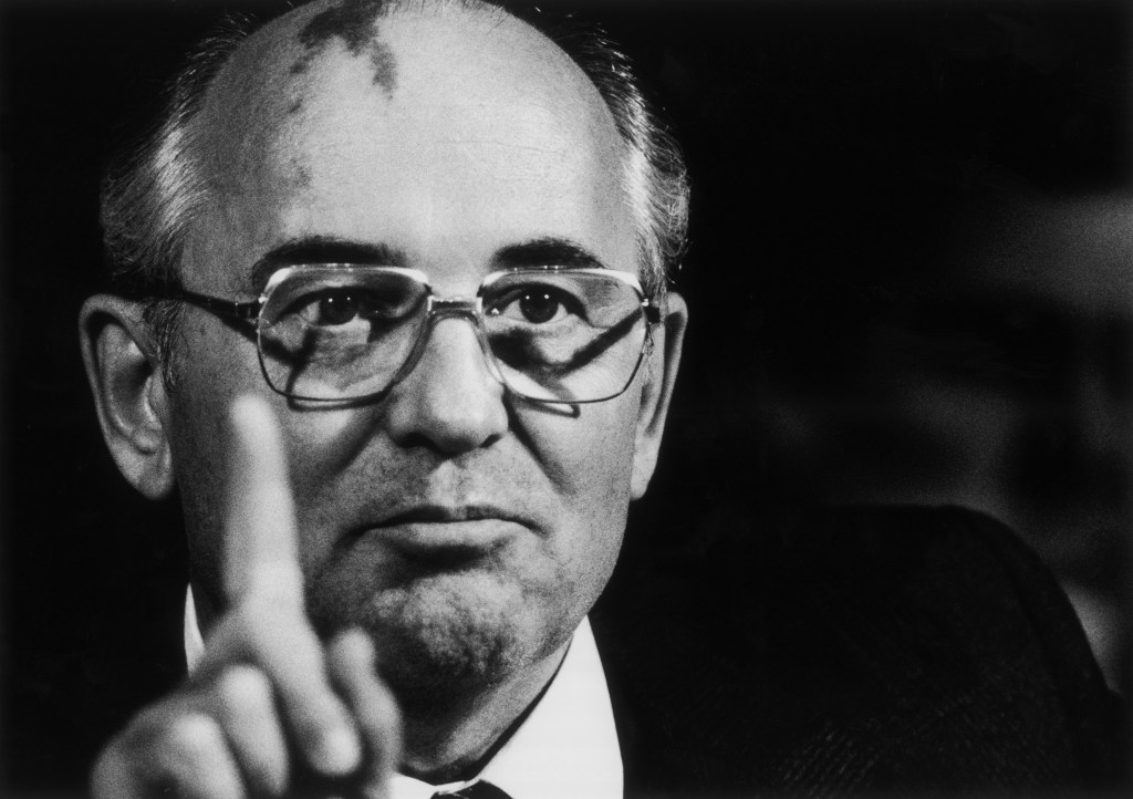 Mikhail Gorbachev, Russian President, gestures as he speaks during his new conference following the weekend summit with U.S. President Ronald Reagan in Reykjavik, Iceland, on Sunday, October 12, 1986
