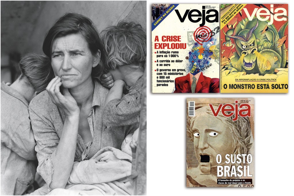 APRENDIZADO - A foto da imigrante feita por Dorothea Lange, retrato triste da crise de 1929, e as capas de VEJA em torno dos momentos inflacionários: a depressão coletiva em travessias ruins da história -