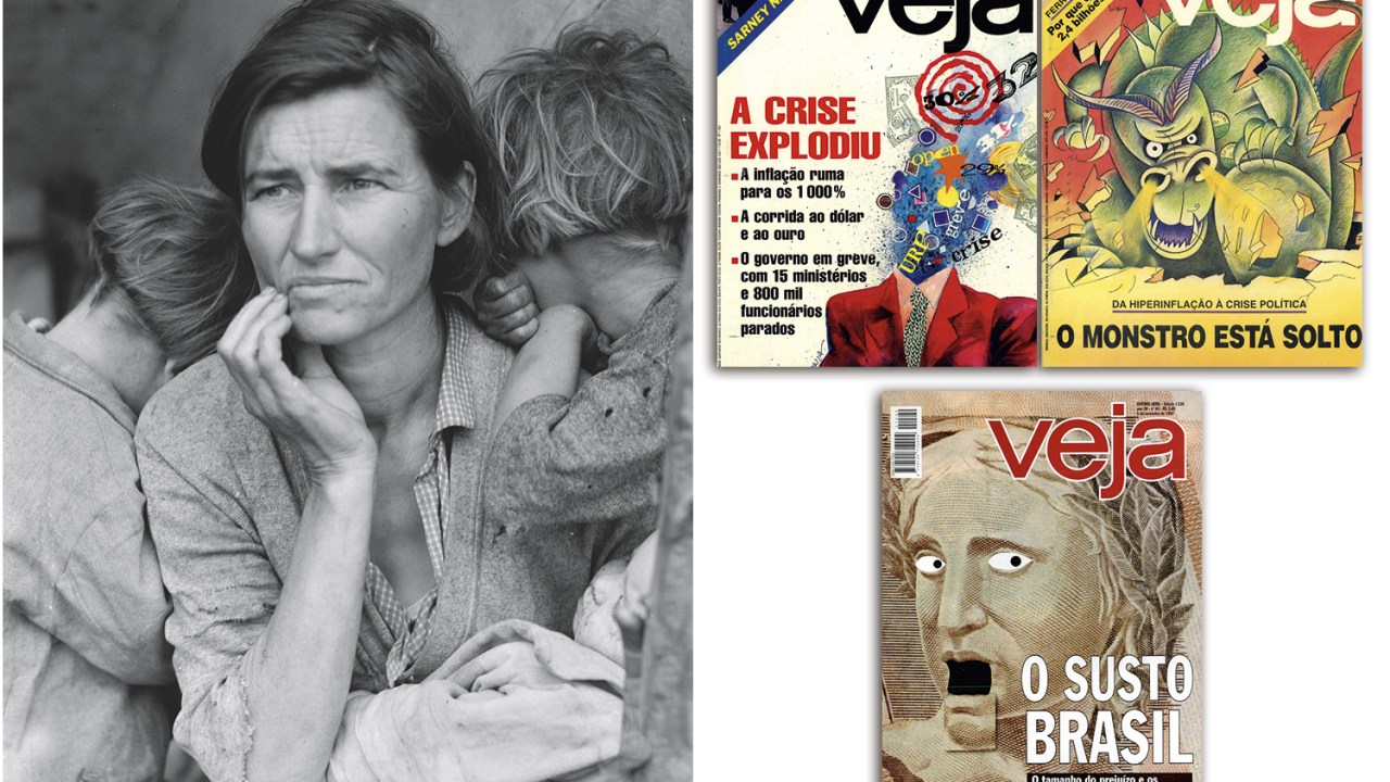 APRENDIZADO - A foto da imigrante feita por Dorothea Lange, retrato triste da crise de 1929, e as capas de VEJA em torno dos momentos inflacionários: a depressão coletiva em travessias ruins da história -