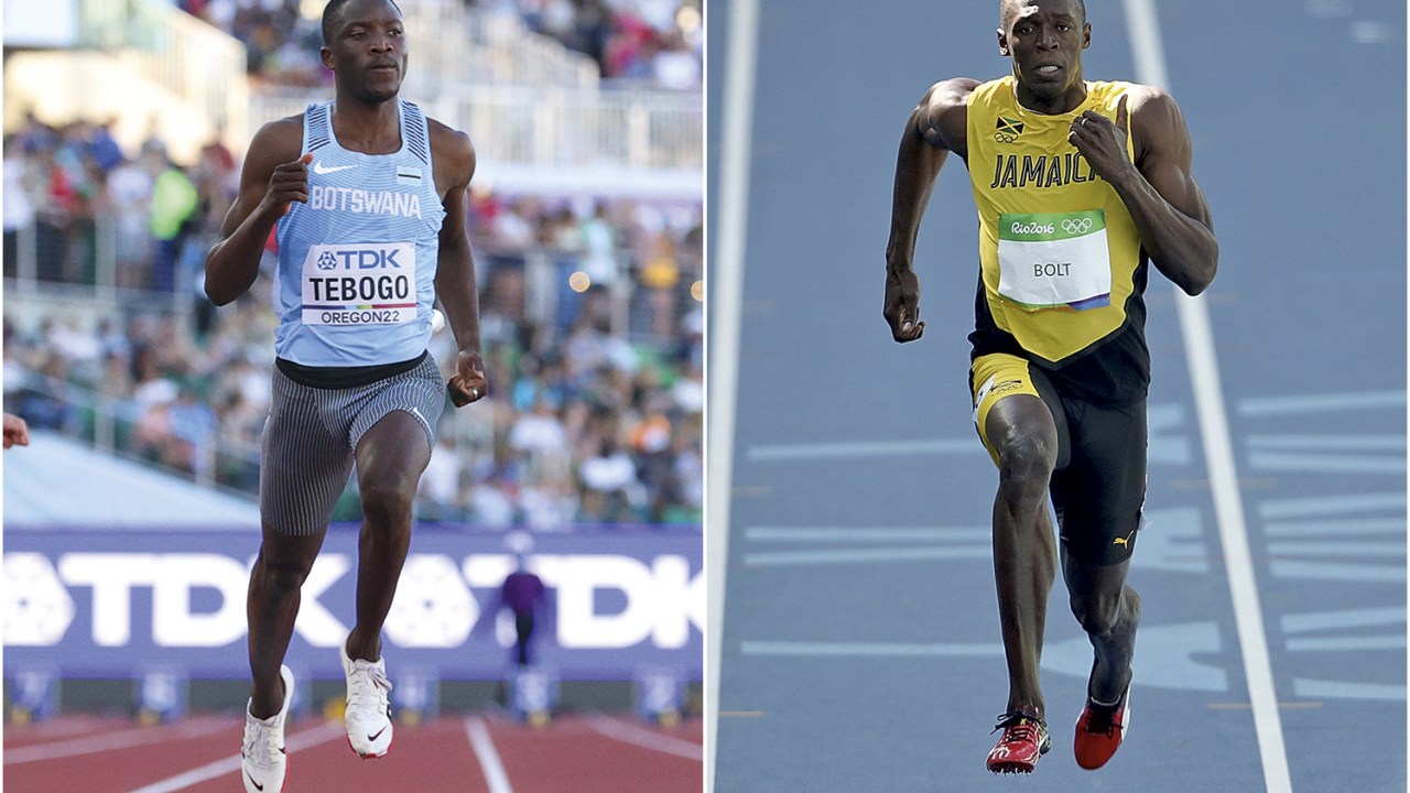SEMELHANÇAS - Tebogo e Bolt: a supremacia evidente em relação aos adversários os autoriza a celebrar antes da linha -