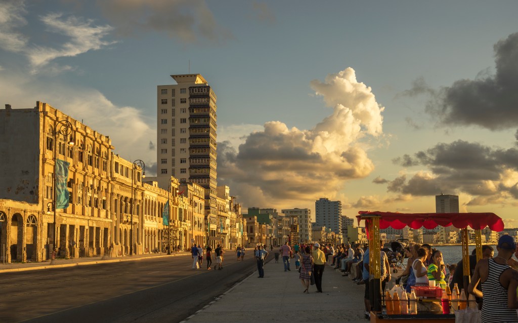 The Malecón (officially Avenida de Maceo) is a broad esplanade, roadway and seawall which stretches for 8 km (5 miles) along the coast in Havana, Cuba.