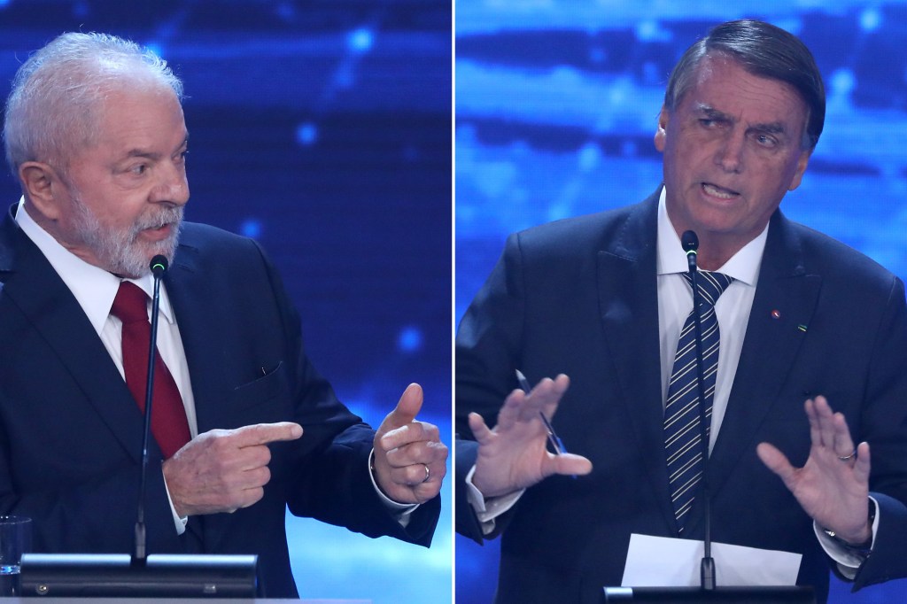 Lula e Jair Bolsonaro durante debate presidencial, na TV Bandeirantes -