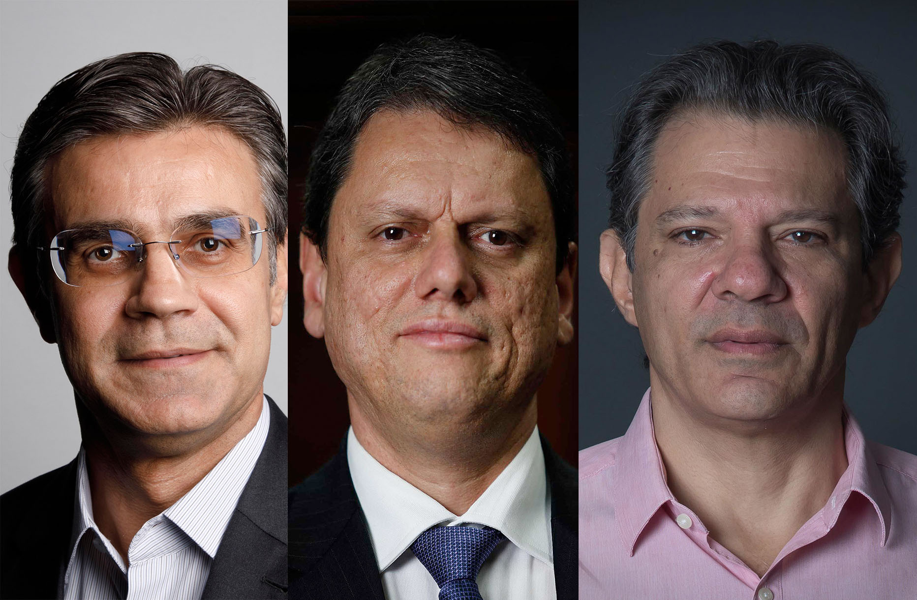 Os pré-candidatos ao governo de São Paulo Rodrigo Garcia (PSDB), Tarcísio de Freitas (Republicanos) e Fernando Haddad (PT).