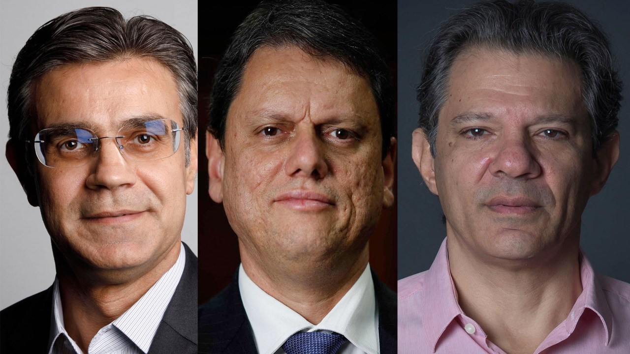 Os pré-candidatos ao governo de São Paulo Rodrigo Garcia (PSDB), Tarcísio de Freitas (Republicanos) e Fernando Haddad (PT).