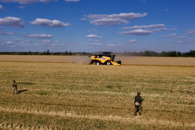Militares russos montam guarda em um campo enquanto agricultores colhem trigo perto de Melitopol, região de Zaporizhzhia, em meio à ação militar russa em andamento na Ucrânia.  14/07/2022.