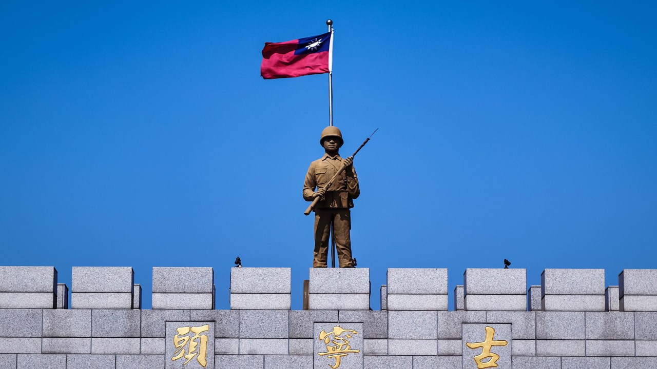 KINMEN, TAIWAN - FEBRUARY 03: A monument to the historic battle of Guningtou which took place in 1949, on February 03, 2021 in Kinmen, Taiwan. Kinmen, an island in the Taiwan strait that is part of Taiwan's territory, is so close to China that the deep-water port of Xiamen, one of China's biggest, lies less than three miles away across the water. It is one of the few areas of Taiwan that mainland Chinese tourists can visit without visas or permits, and has deep ties with the adjacent Fujian province of China; locals have seen a boost to their incomes from Chinese tourism in pre-pandemic times. Wartime anti-tank barricades litter the beach and the island also features the Zhaishan tunnel, which Taiwanese forces still reserve the right to use in wartime and for military exercises. (Photo by An Rong Xu/Getty Images)