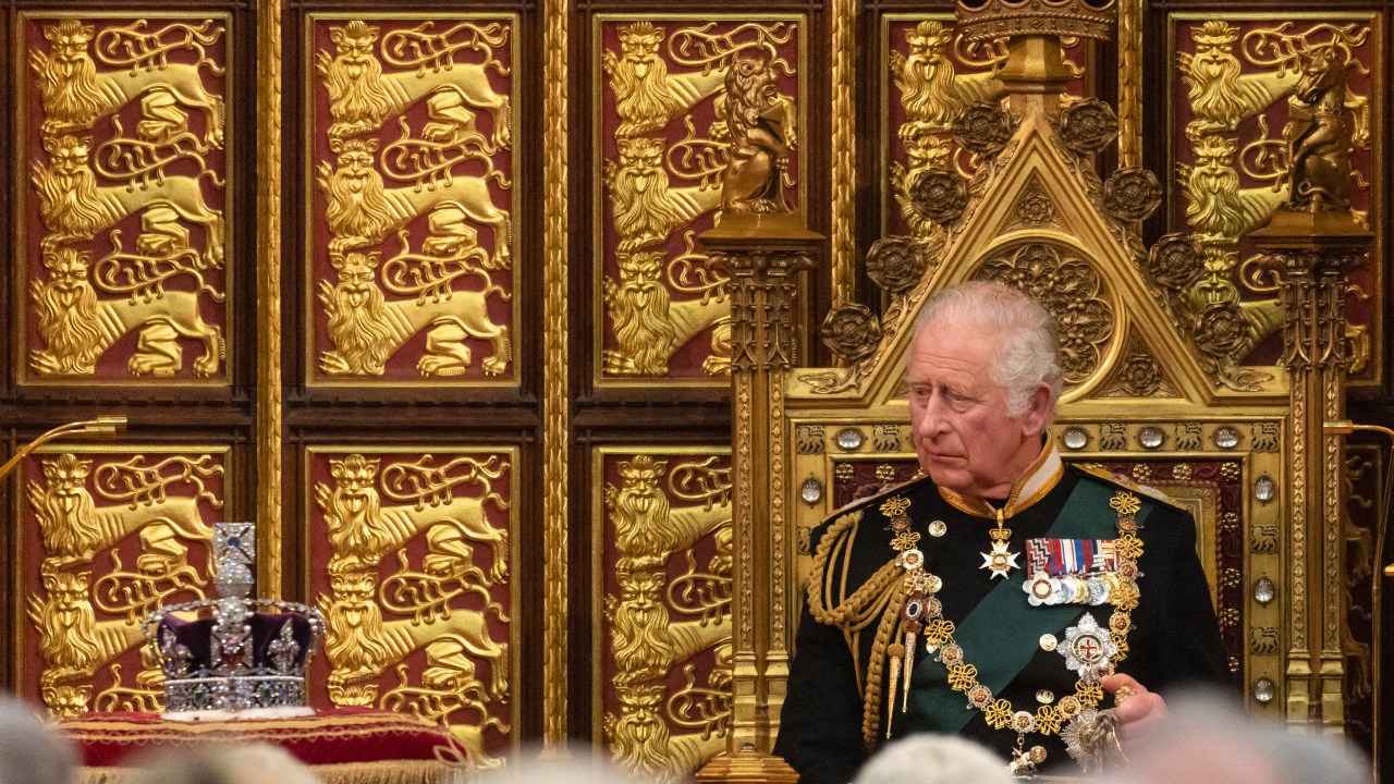 Britain's Prince Charles, Prince of Wales looks towards the Imperial State Crown as he delivers the Queen's Speech in the House of Lords Chamber during the State Opening of Parliament at the Houses of Parliament, in London, on May 10, 2022. - Queen Elizabeth II missed Tuesday's ceremonial opening of Britain's parliament, as Prime Minister Boris Johnson tries to reinvigorate his faltering government by unveiling its plans for the coming year. (Photo by Dan Kitwood / POOL / AFP)