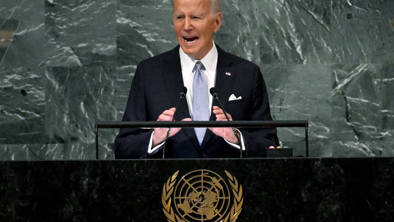US President Joe Biden addresses the 77th session of the United Nations General Assembly at the UN headquarters in New York City on September 21, 2022. (Photo by TIMOTHY A. CLARY / AFP)