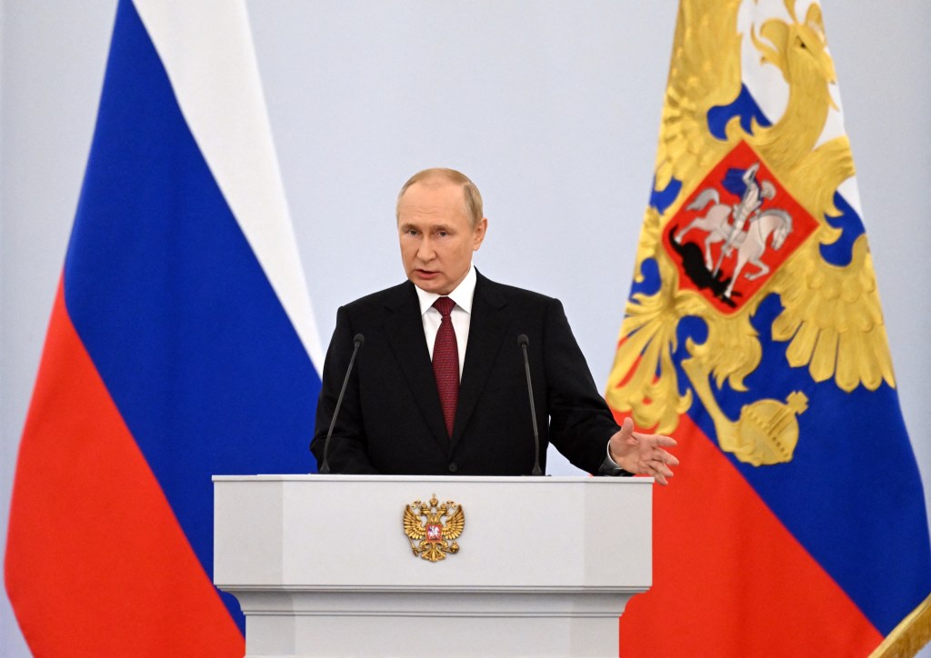 Russian President Vladimir Putin gives a speech during a ceremony formally annexing four regions of Ukraine Russian troops occupy, at the Kremlin in Moscow on September 30, 2022. (Photo by Gavriil GRIGOROV / SPUTNIK / AFP)