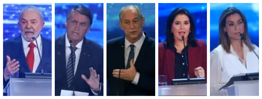 Lula (PT), Bolsonaro (PL), Ciro (PDT), Simone (MDB) e Soraya (União Brasil)