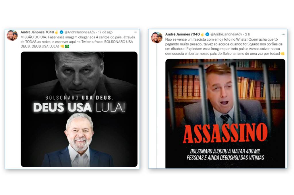 NO MUNDO VIRTUAL - Posts de André Janones no Twitter: uso de xingamentos, notícias falsas e acusações sem prova contra os adversários -