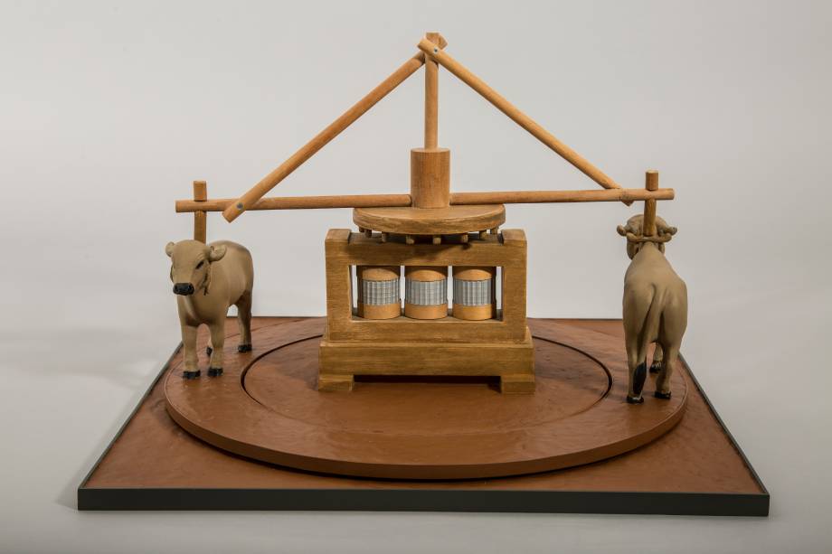 Miniatura de bois e instrumento agrícola em exposição sobre o trabalho Miniatura de bois e instrumento agrícola em exposição sobre o trabalho