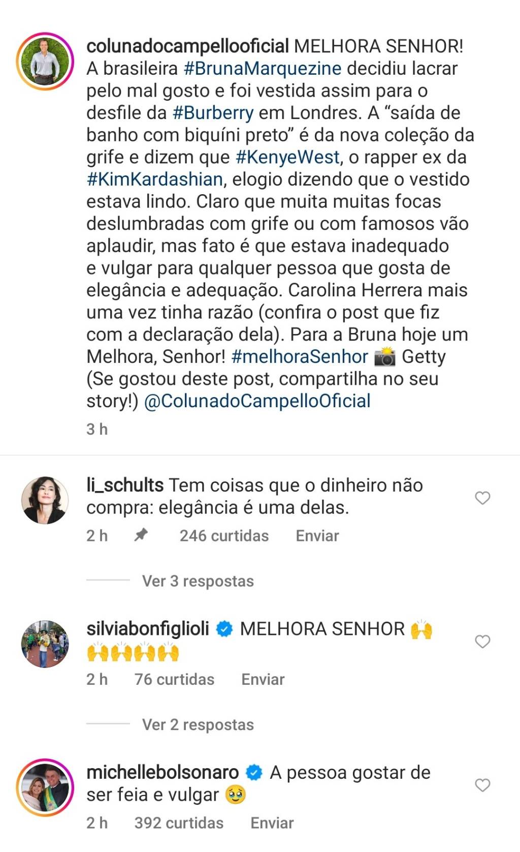 Comentário de Michelle Bolsonaro sobre Bruna Marquezine