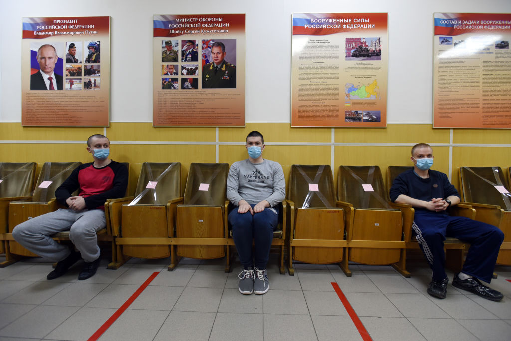 Russian conscripts waiting for a medical check-up at a local recruitment office, St. Petersburg, on May 20, 2020. President Vladimir Putin declared a send to the army of 135,000 people during the spring call-up in Russia which started on the 20th of May. All recruits tested for Covid-19 infection, will be quarantined for 14 days in their military units. (Photo by Sergey Nikolaev/NurPhoto via Getty Images)