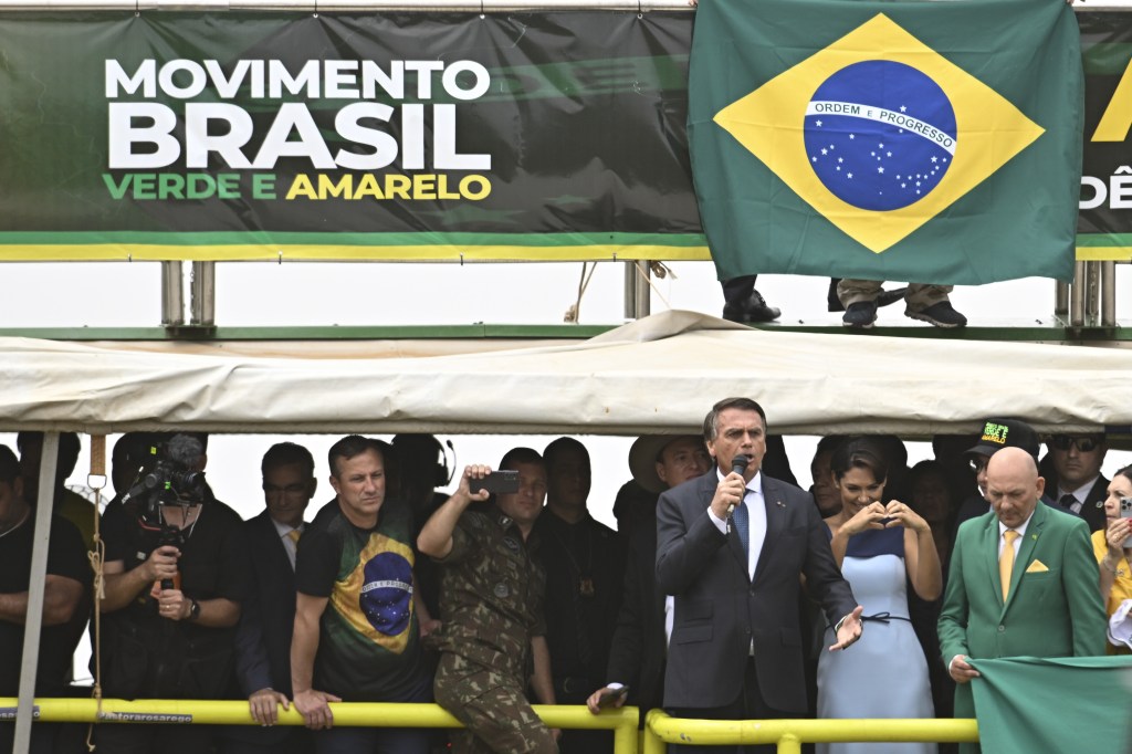 BRASILIA, BRAZIL - SEPTEMBER 07: Brazil's President Jair Bolsonaro speaks during a military parade to celebrate the bicentennial independence of Brazil, in Brasilia, Brazil on September 7, 2022. (Photo by Mateus Bonomi/Anadolu Agency via Getty Images)