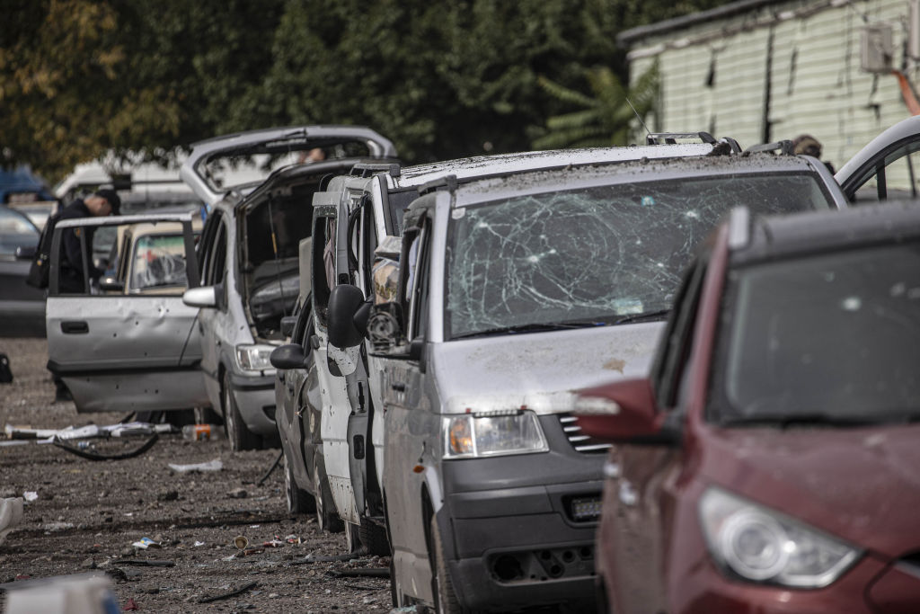 ZAPORIZHZHIA, UKRAINE - SEPTEMBER 30: Destroyed vehicles are seen after Russian forces hit a convoy of vehicles that included civilians as Russia-Ukraine war continues, in Zaporizhzhia, Ukraine on September 30, 2022. According to initial reports, 23 civilians lost their lives in the attack. (Photo by Metin Aktas/Anadolu Agency via Getty Images)